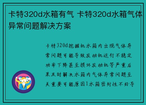 卡特320d水箱有气 卡特320d水箱气体异常问题解决方案
